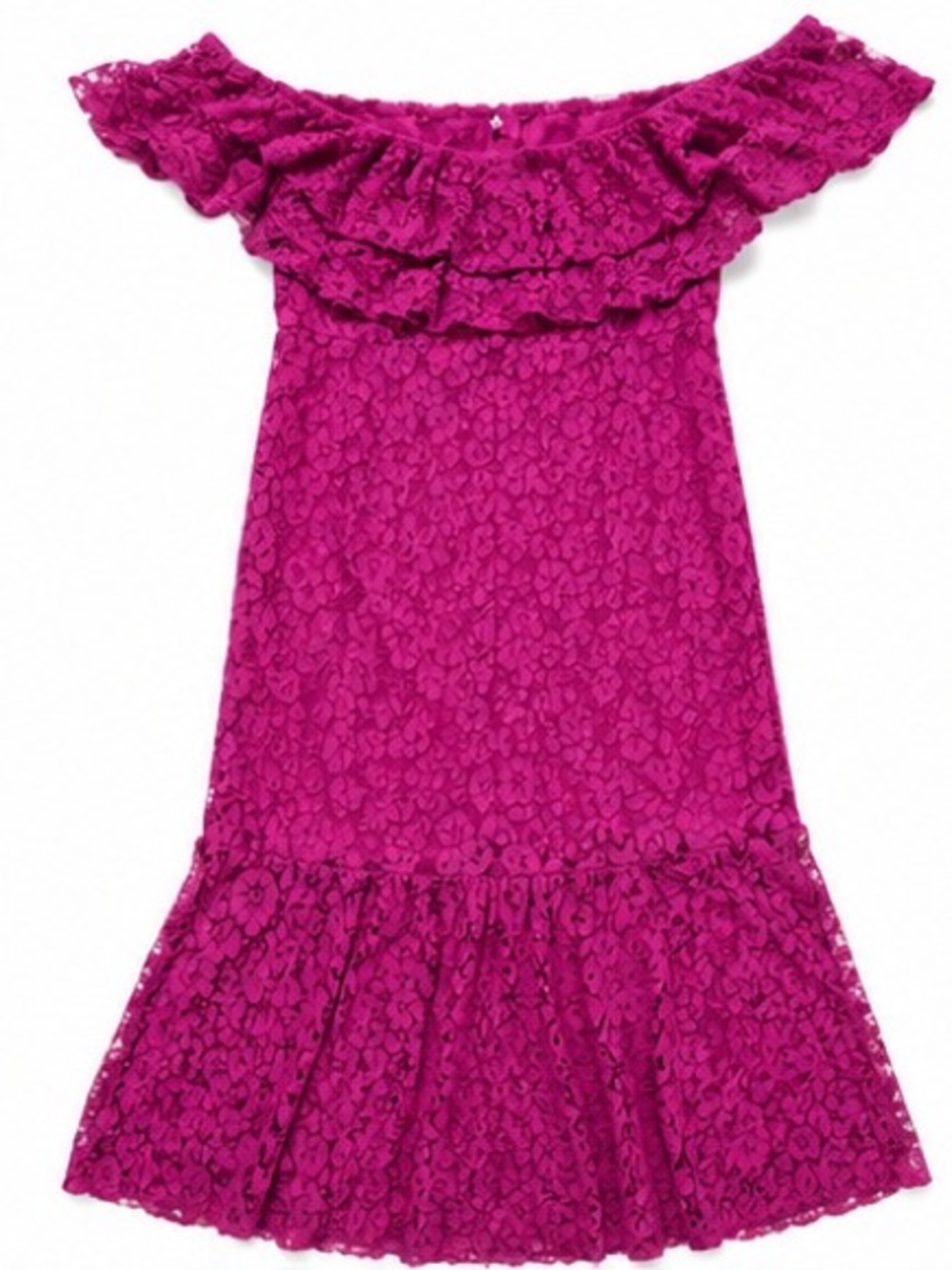 Lulu's Fuchsia Lace Off-Shoulder Ruffle Dress